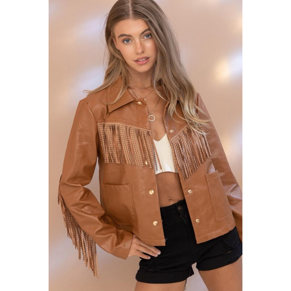 Blue B Women's Studded Faux Leather Fringe Jacket Sz L - Picture 1 of 8